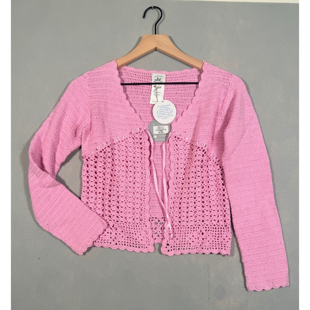 Charabia Paris Girls Pink Crochet Cardigan Sweater Ribbon Tie Size 10 NEW